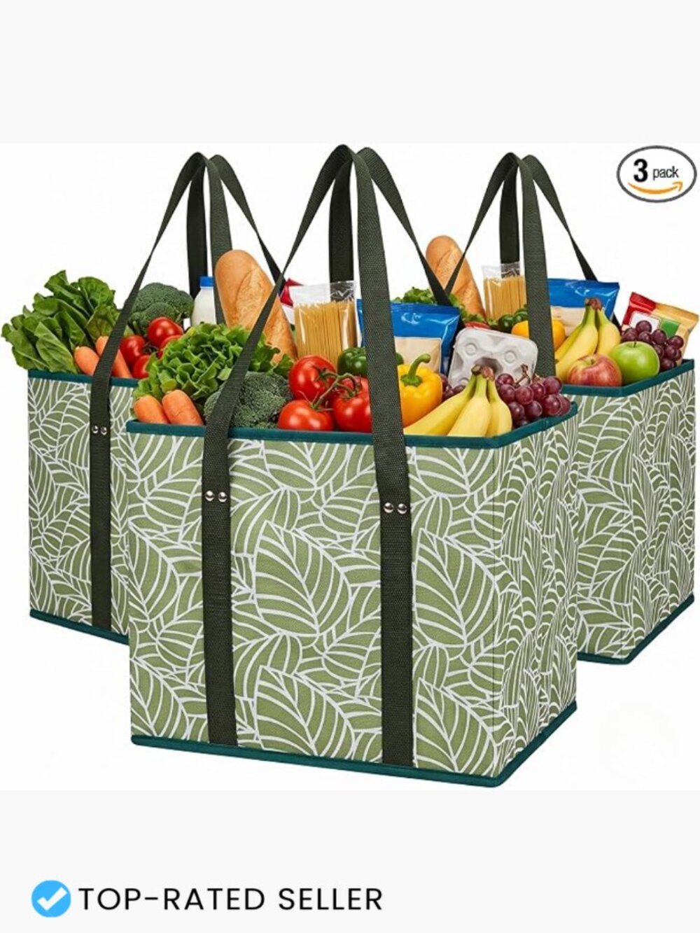 Reusable Grocery Bags 3-Pack Foldable Totes Heavy Duty Stand Up 45lb Eco